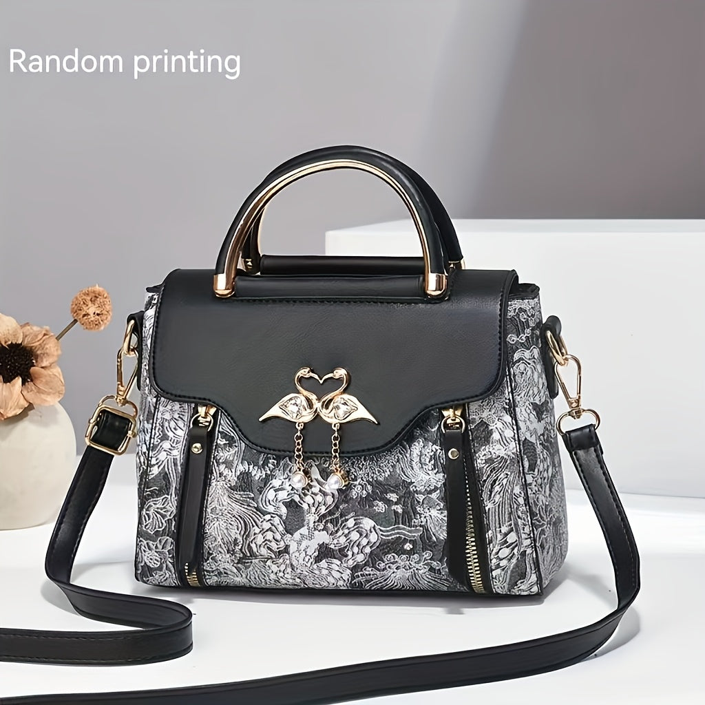Elegant Handbag for Wo, Geometric Print, Multi-Layered Fashion Handbag with Zipper Closure, Polyester Lined, Edge Paint Detail, Versatile for Various Occasions - Blue/White/Pink/Black