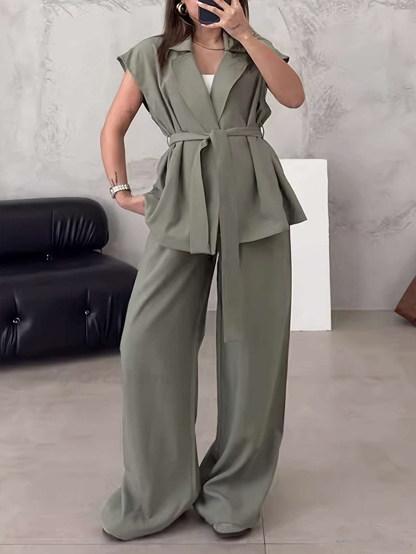 Women's Solid Color Casual Elegant Sleeveless Top and Wide-Leg Pants 2pcs Set