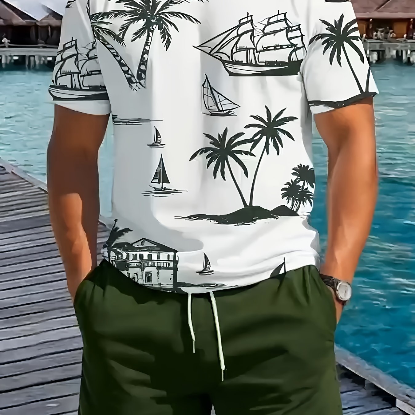 Men's 2025 Summer New Short Sleeve Shorts Set: Beach Casual 3D Coconut Tree Print, 2pcs Fashionable Palm Pattern T-Shirt and Shorts with Slight Stretch Polyester Knit Fabric, Slim Fit for Outdoor Activities & Family Gathering