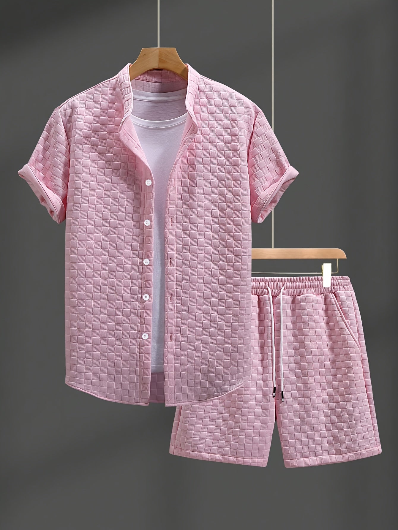 Men'S Casual Summer Short Sleeve Shirt & Shorts Set - Light Blue, Button-Up, Polyester, Perfect for Casual Attire, Parties, and Outdoor Activities, Casual Summer Wear|Short Sleeve Shirt|Polyester Fabri