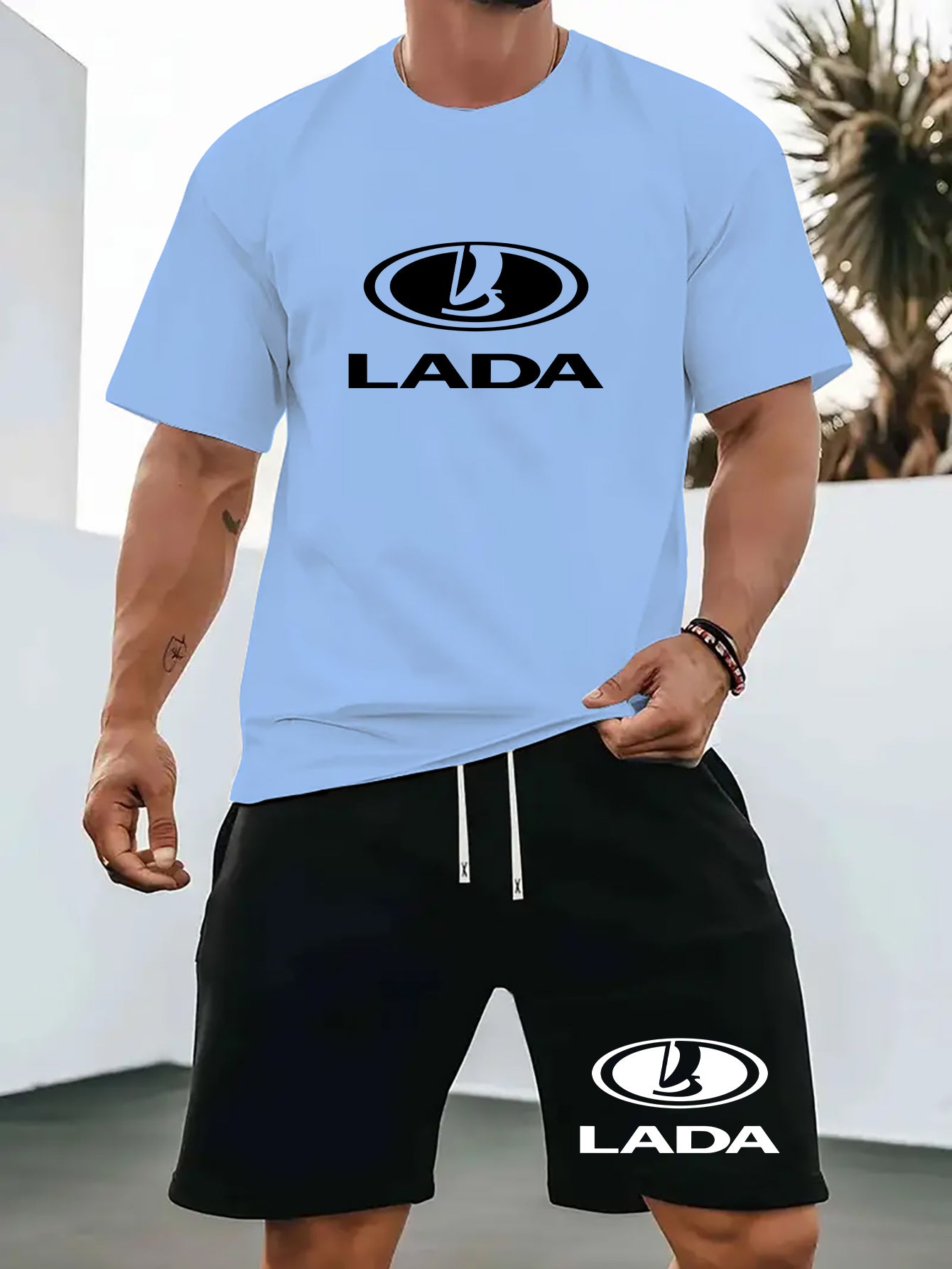 Men'S Summer Casual Sport Two-Piece Set - LADA Letter Pattern Print T-Shirt and Black Drawstring Shorts, Casual Sportswear, Regular Fit - Perfect for Summer Outdoor