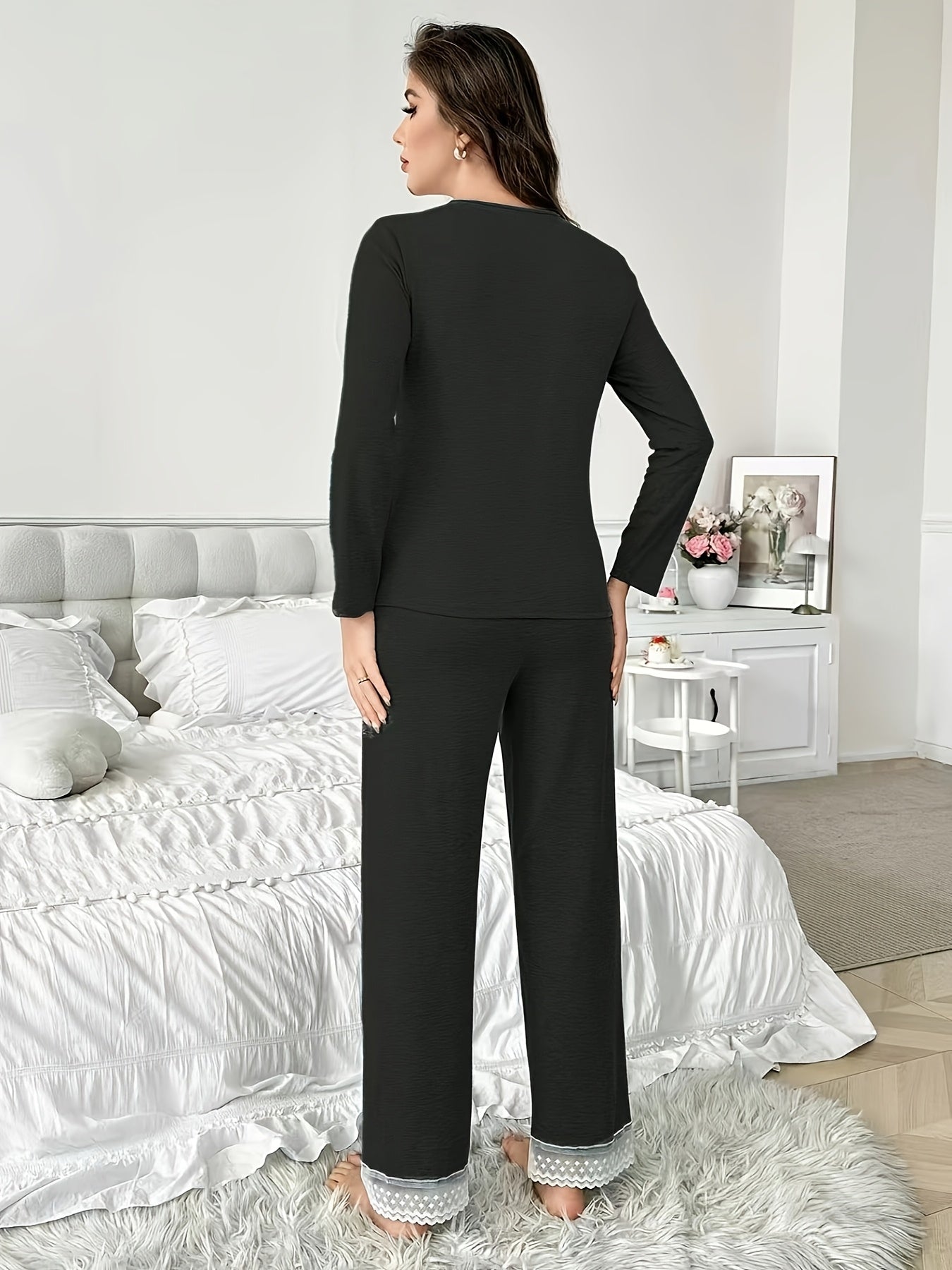 Elegant Women'S Lace-Trimmed Long Sleeve Knit Pajama Set - V-Neck, Solid Color, Ribbed Detail, Perfect for Spring & Fall, Comfortable Loungewear, Relaxed Fit Pajamas | Vneck Top & Long Sleeve Pants | Polyester Blen