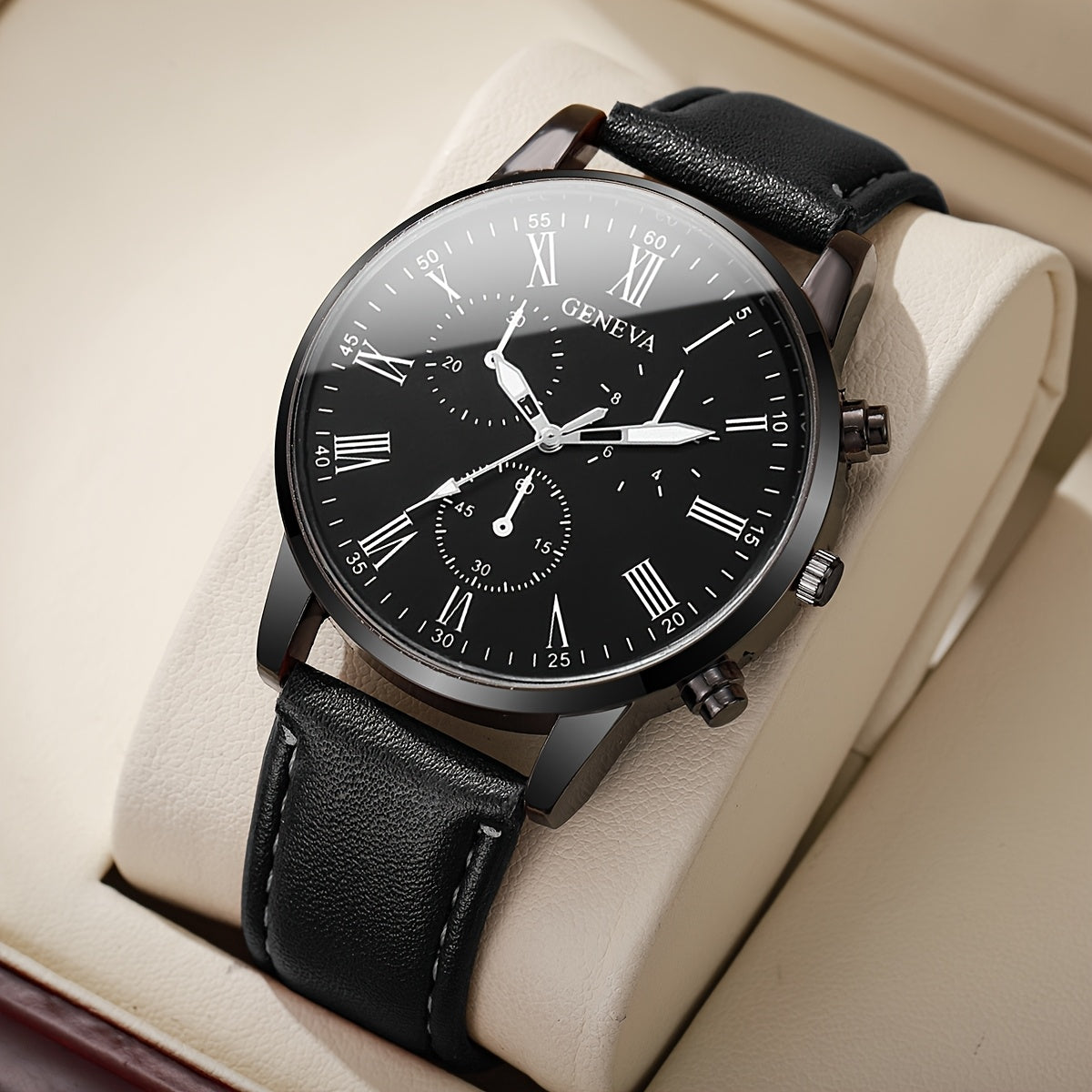 1pc Fashionable Men'S Quartz Watch, Large Dial, Zinc Alloy Case, Round Dial, Faux Leather Strap, Battery Powered, Electronic Drive, Non-rechargeable Button Battery, Business Style Wristwatch (Watch Box Not Included)