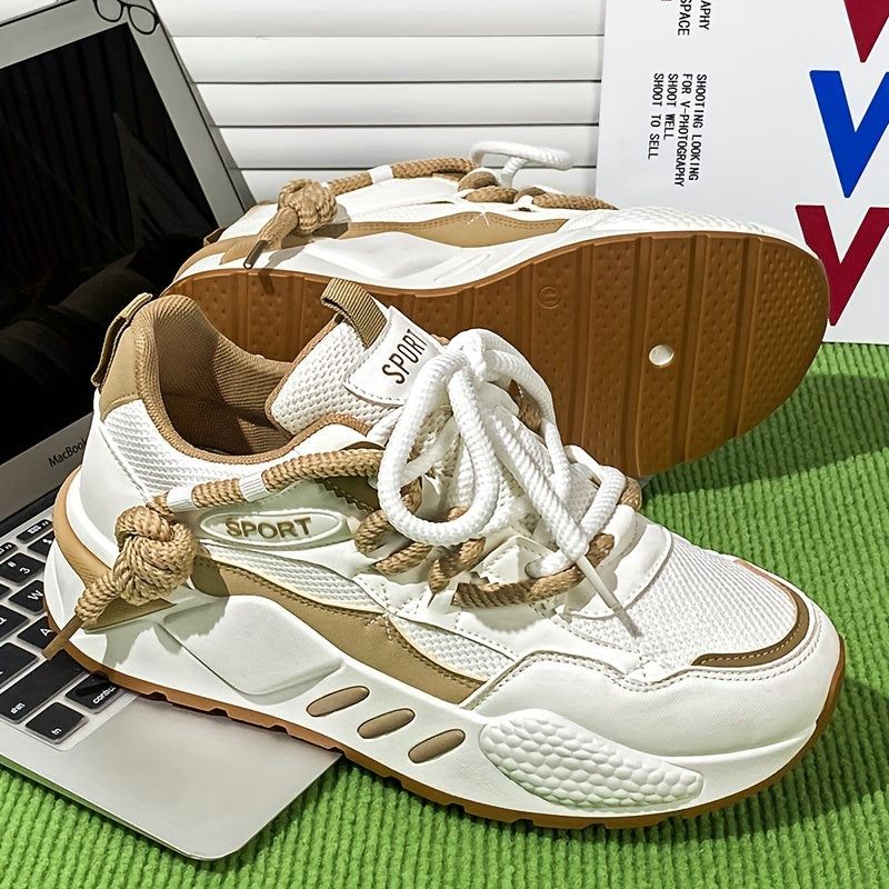 Women's Lightweight Running Shoes - Breathable Mesh & PU Foam Upper, Neutral Support Design, All-Season Comfort with Durable Rubber Sole for Gym, Walking, Casual Wear - White & Beige, Gym Trainers | Sleek Trainers | Fabric In