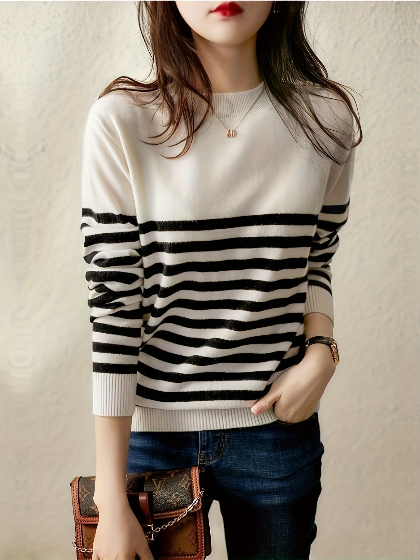 Striped Crew Neck Pullover Sweater, Casual Long Sleeve Versatile Sweater, Women's Clothing