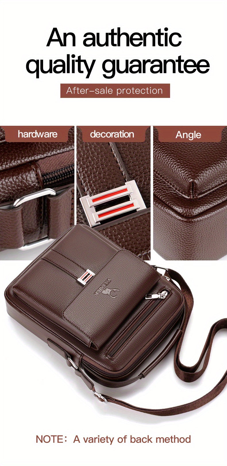 WEIXIER Men's Vintage Business Casual Adjustable Shoulder Bag - Black, Multiple Compartments, Zippered Pockets, Compact Design for Everyday Use, Everyday Shoulder Bag | Vintage Style Bag | Secure Zip Closure, Small Crossbody