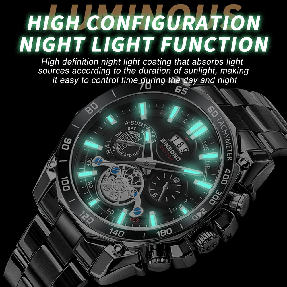 BINBOND Men's Luxury Quartz Watch - Sleek Black, Waterproof with Calendar & Luminous Hands, Stainless Steel Band, Date Display, Chronograph & World Time Features for Business Casual