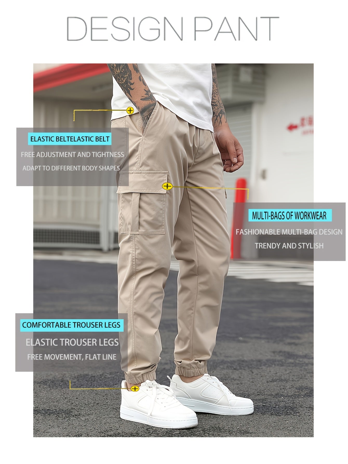 1pc Men'S Casual Polyester Cargo Pants - Mid Waist Elastic Joggers with Multiple Pockets, Non-Stretch Solid Color, Regular Fit for Weekend Wear - Spring/Fall Fashion Trousers