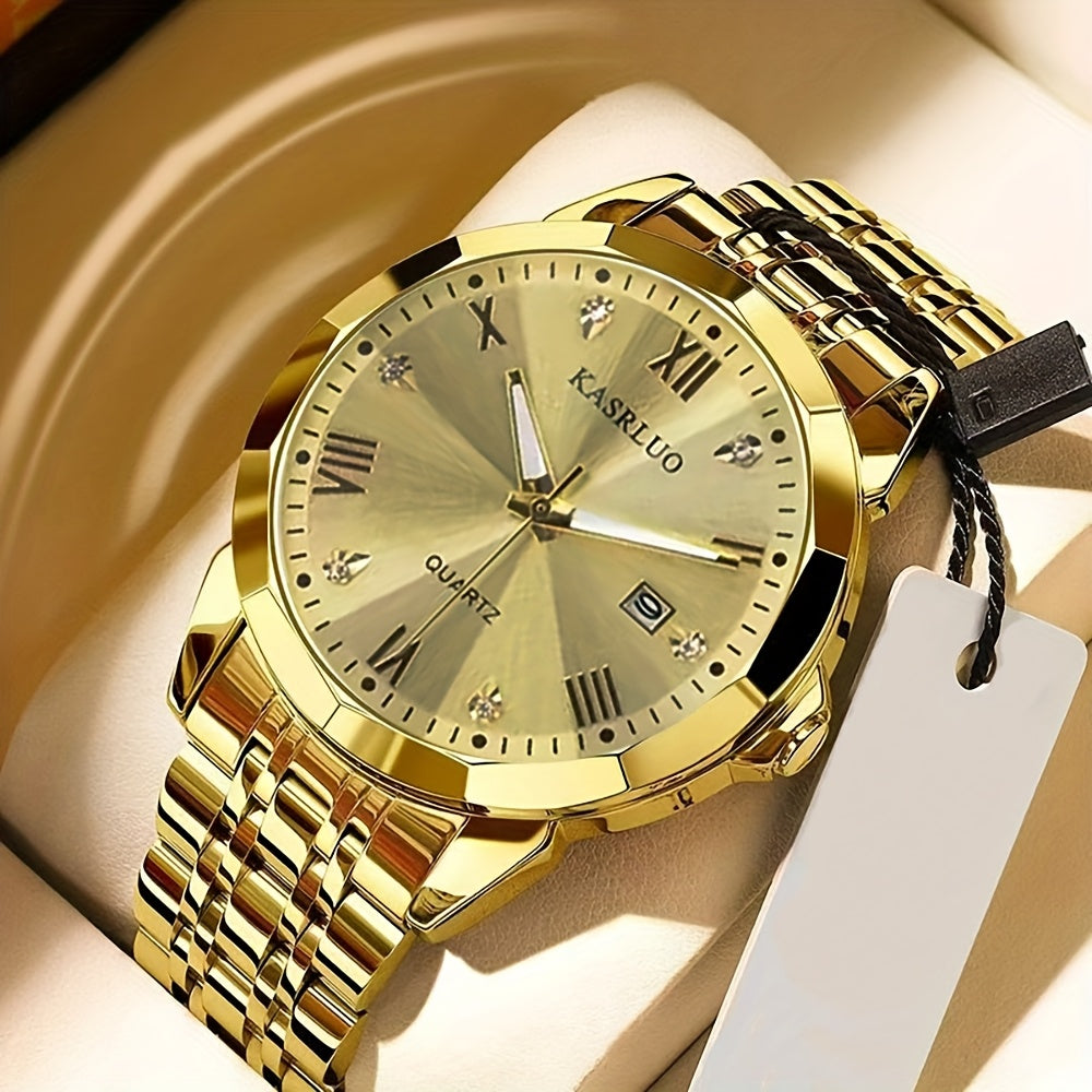 KASRLUO Men's Elegant Stainless Steel Watch with Crystal Roman Numerals & Date Display - Business Style, Quartz Movement