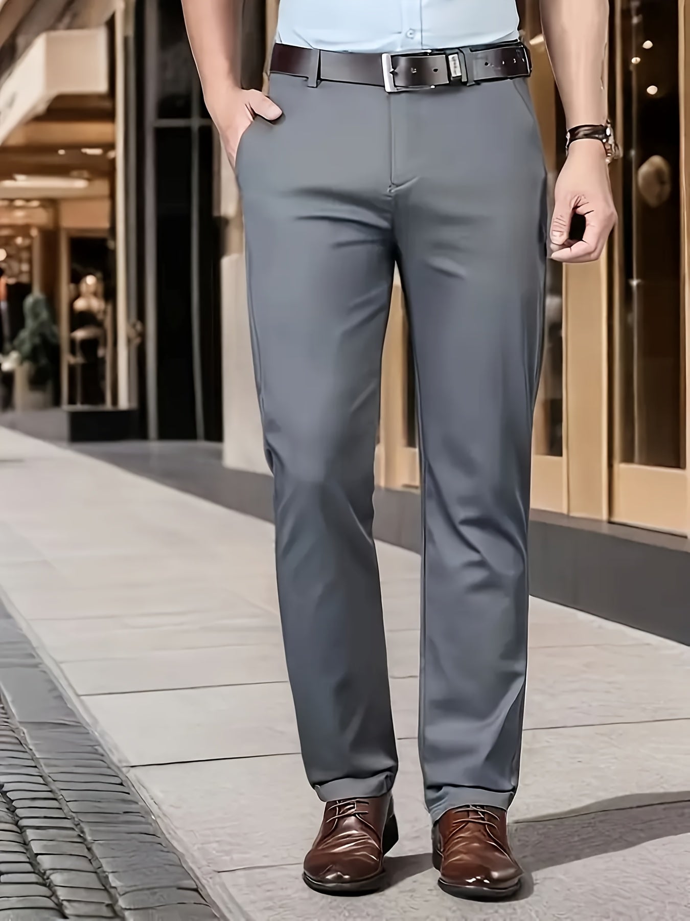 Men's Classic Business Dress Pants, Solid Color Casual Trousers, 100% Polyester, Regular Fit, with Zipper Fly, for Daily Wear and Gifting, All-Season, Allseason Trousers | Notch Lapel Design | Polyester Trousers