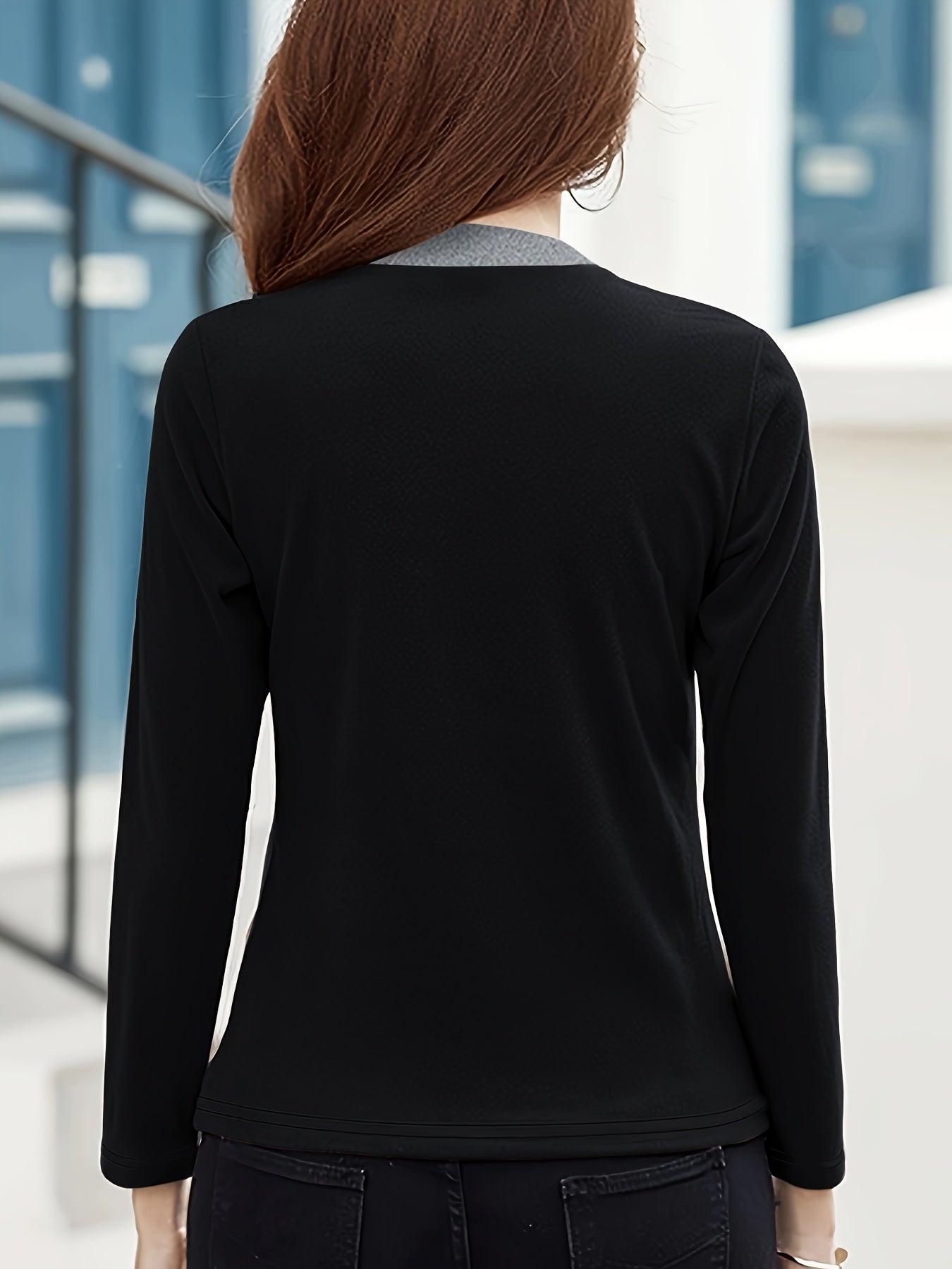 Women's Chic Color Block Casual Top - High Stretch Polyester & Elastane Blend, Button Detail, Machine Washable - Elegant Stand Collar, Long Sleeve, Beige & Brown