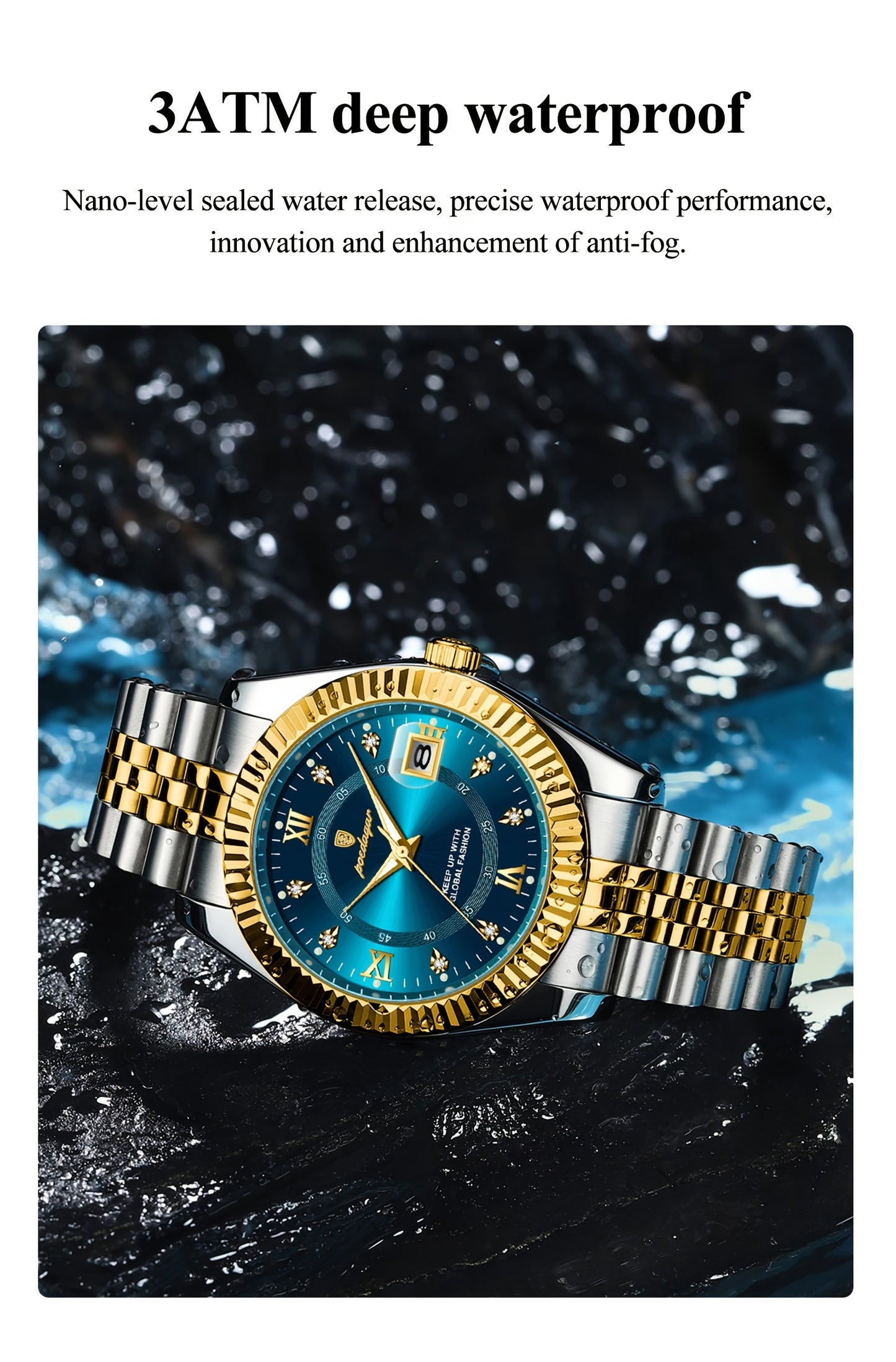 POEDAGAR Luxury Men'S Quartz Watch - Waterproof, Luminous, Stainless Steel Band, Blue & Golden Accents, Date & Week Display, Casual Elegant Timepiece with Backpack Clasp