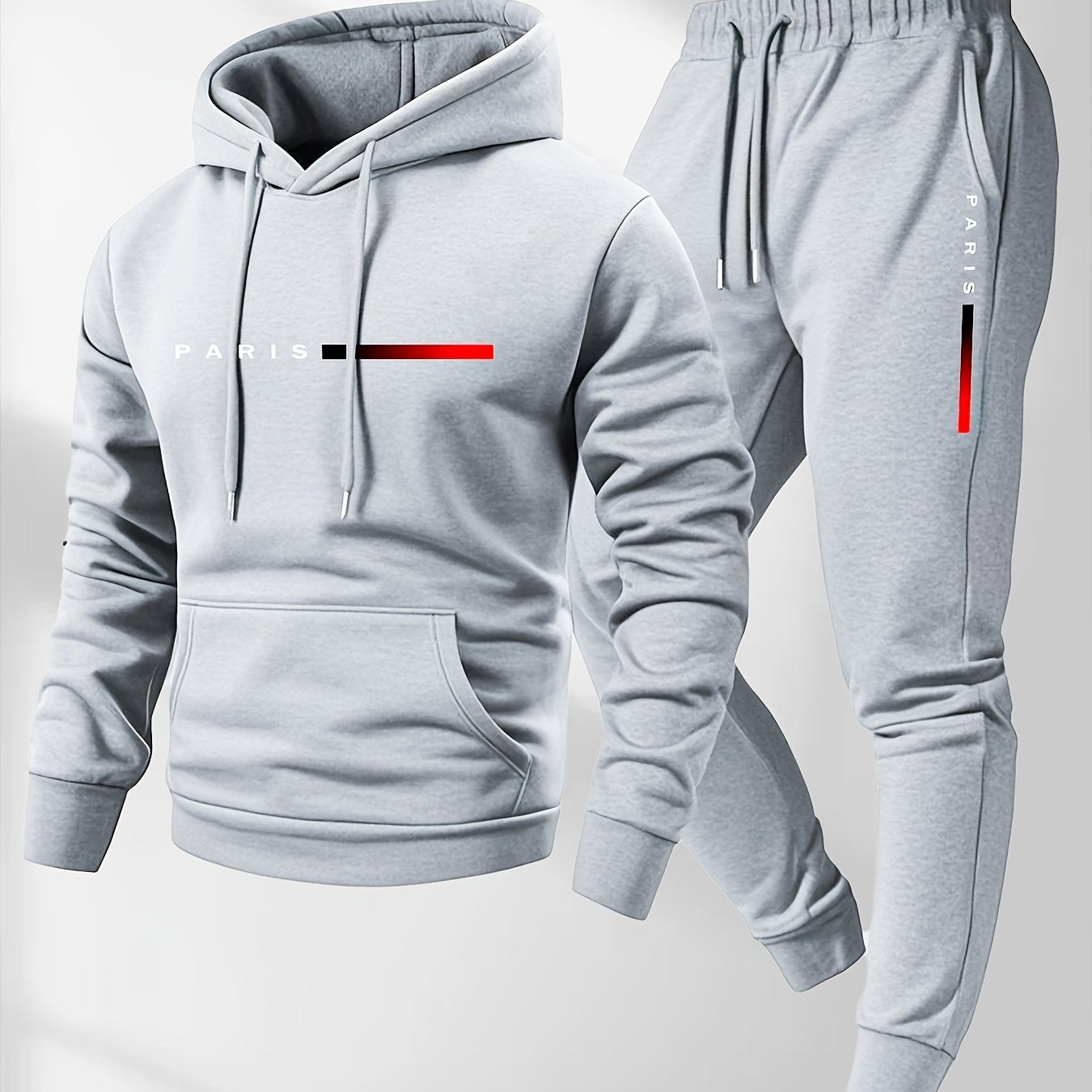 Men's Hoodie and Drawstring Sweatpants Set with PARIS Letter Print