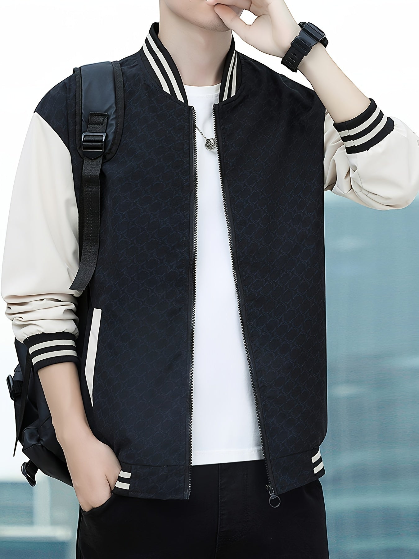 Men'S Lightweight Geometric Pattern Bomber Jacket - Casual Long Sleeve Zip-Up with Pockets, White & Gray, Polyester Lining, Perfect for Fall, Autumn Jacket