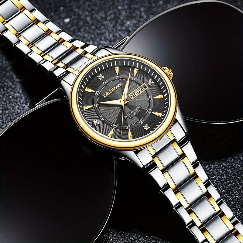 Stainless Steel Men's Quartz Watch with Luminous Hands, Dual Calendar, Date Display & High Quality IPX7 - Golden-Tone Dial, Accents for Business, Casual, Travel - Ideal Birthday Holiday Gift, Business Casual Watch | Sleek Met