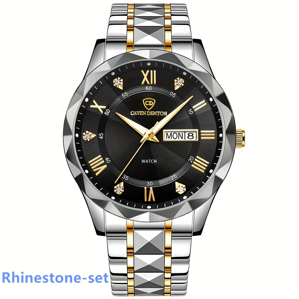 Fashionable Men'S Quartz Watch with a Diamond-shaped Dial, IPX7 Waterproof, Dual Calendar, Luminous Steel Strap, Business Watch