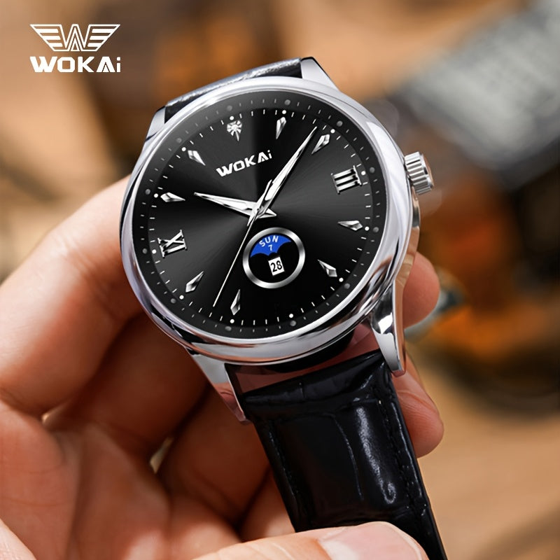 WOKAI Men's Sporty Watch with Glowing Dial, World Time & Date, Round Plastic Case, Faux Leather Strap, Battery-Powered, Perfect Gift for Spring & Summer