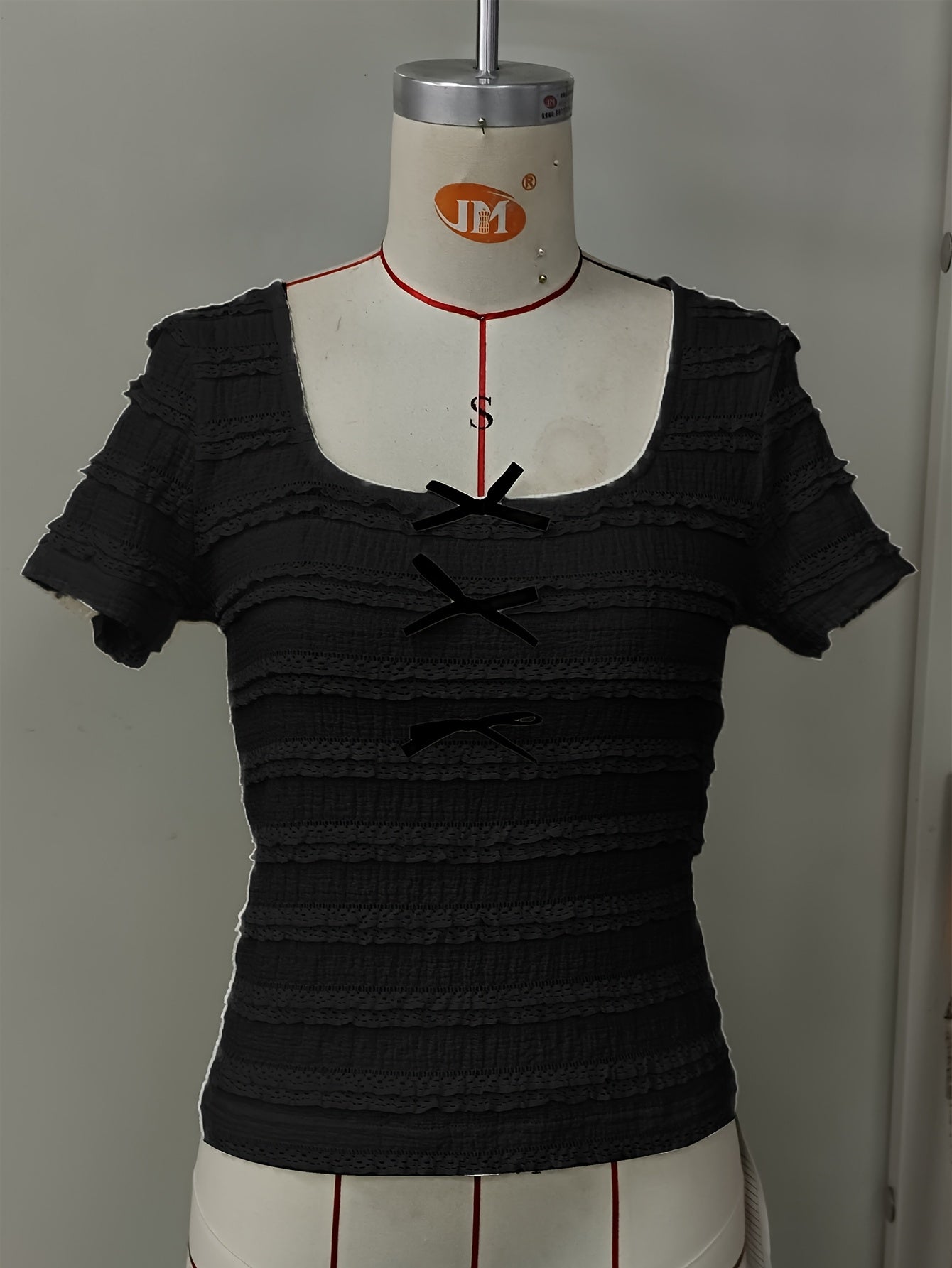 Women'S Elegant Ruffle Trim Short Sleeve T-Shirt with Front Bow Detail - Lightweight Casual Beach Vacation Top, Solid Color, Spring/Summer Collection, Beach Vacation Top | Ruffle Trim Top | Lightweight Fabric