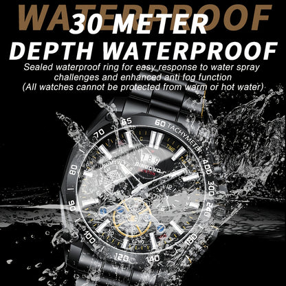 BINBOND Men's Luxury Quartz Watch - Sleek Black, Waterproof with Calendar & Luminous Hands, Stainless Steel Band, Date Display, Chronograph & World Time Features for Business Casual