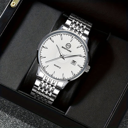 MAOYUAN Men'S Luxury Stainless Steel Quartz Watch with Date Display and Luminescent Hands - Elegant Green Dial, Metal Bracelet, Perfect for Business and Casual Attire, Ideal Gift for Men, Casual Watch | Elegant Watch | Quartz