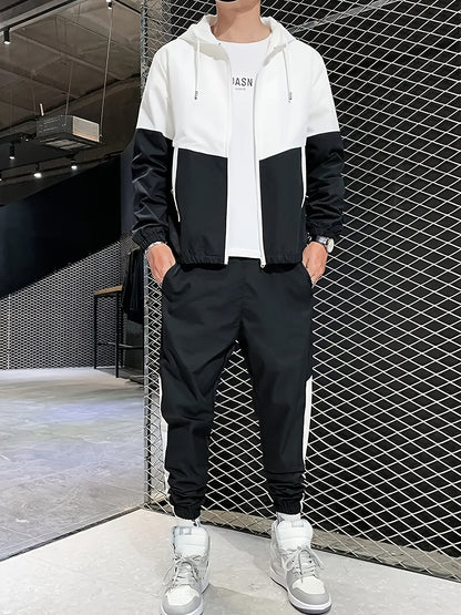 2pcs Men's Hooded Tracksuit - Lightweight Polyester Active Wear Set For Spring/Autumn With Pockets, Long Sleeve Jacket And Jogger Pants