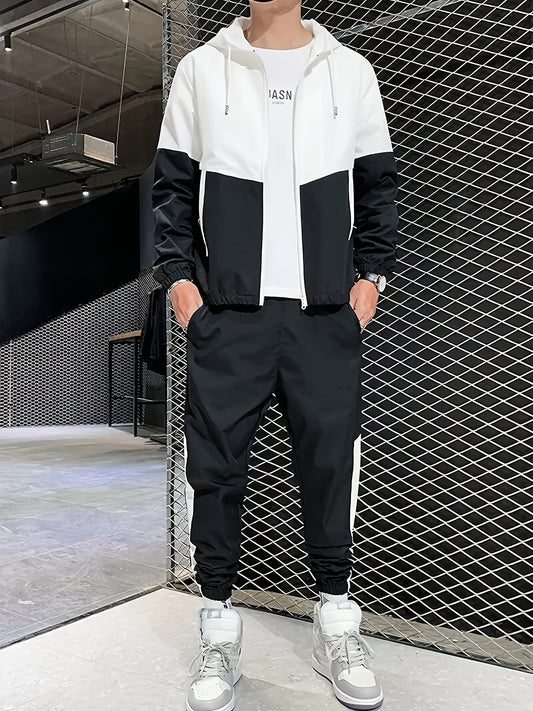 2pcs Men's Hooded Tracksuit - Lightweight Polyester Active Wear Set For Spring/Autumn With Pockets, Long Sleeve Jacket And Jogger Pants