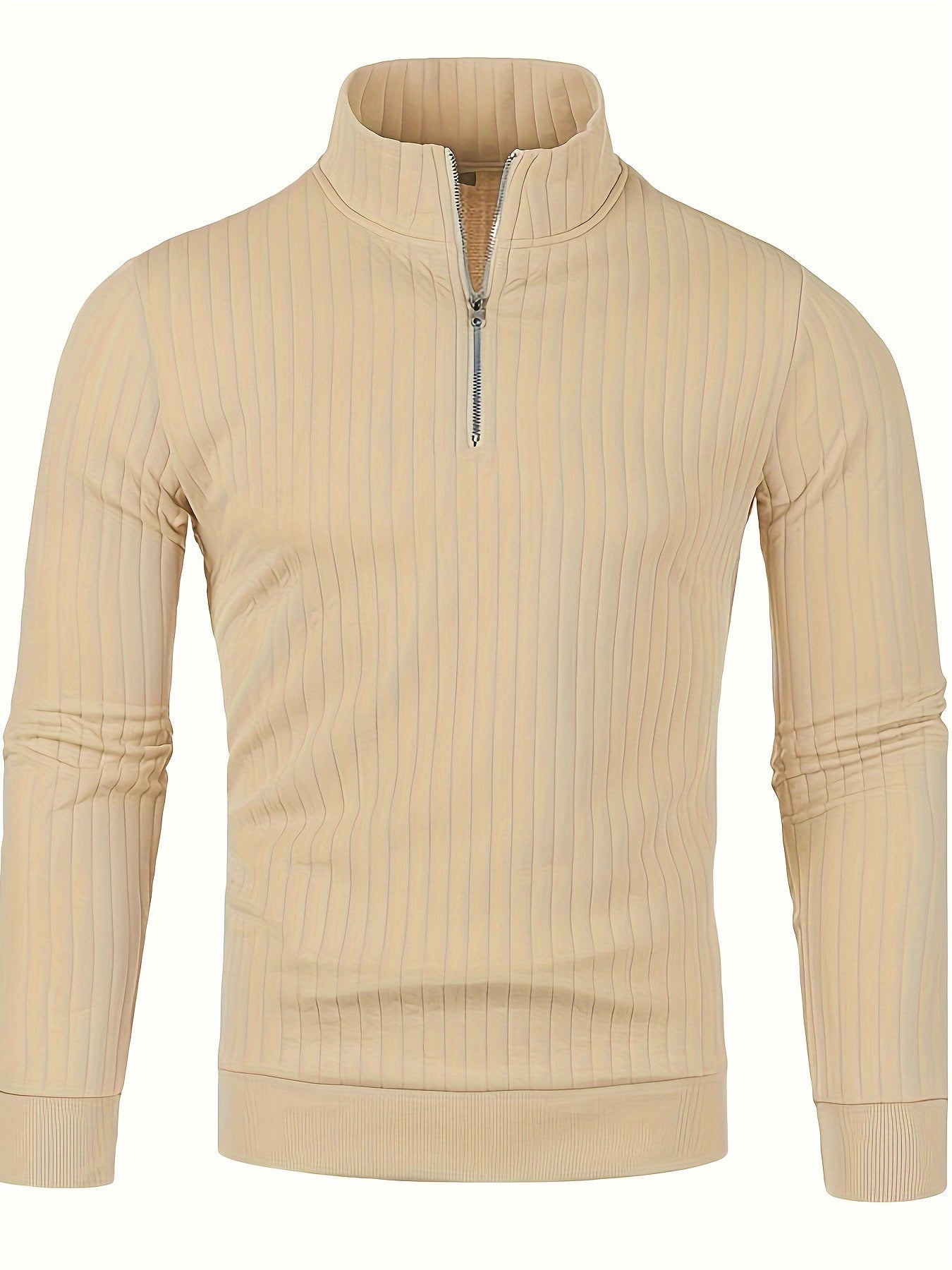 Men'S Casual Polyester Sweater, Solid Color, High Neck Quarter Zip, Long-Sleeved Pullover, Regular Fit, 100% Polyester Knit Fabric, 230g/m² - Fall/Winter Essential