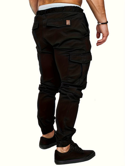 3-Pack Men'S Casual Cotton Cargo Pants, Solid Color, Non-Stretch, Regular Length, Drawstring Waist, Four Seasons, Standard Fit, Woven Fabric