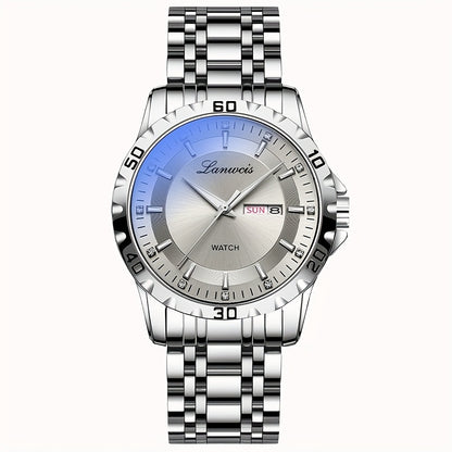 Luxury Men'S Quartz Watch - Sleek Round Dial with Dual Calendar, Luminous, Waterproof, Stainless Steel Band - Ideal Business Gift, Business Gift Watch|Minimalist Timepiece|Luminous Watch Face, Watch Accessories