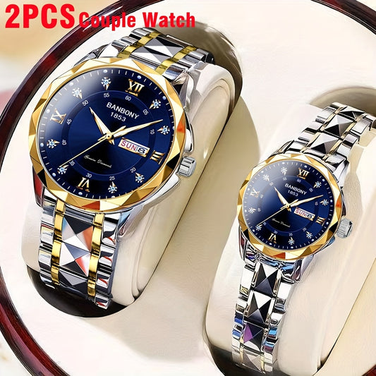 2pcs Couple Watch BANBONY Brand Trendy Fashion Men's and Women's Quartz Watch Stainless Steel Strap with Rhinestone Luminous High-definition Disc Waterproof Night Light Display Week Calendar Display Wristwatch Holiday Gift fo
