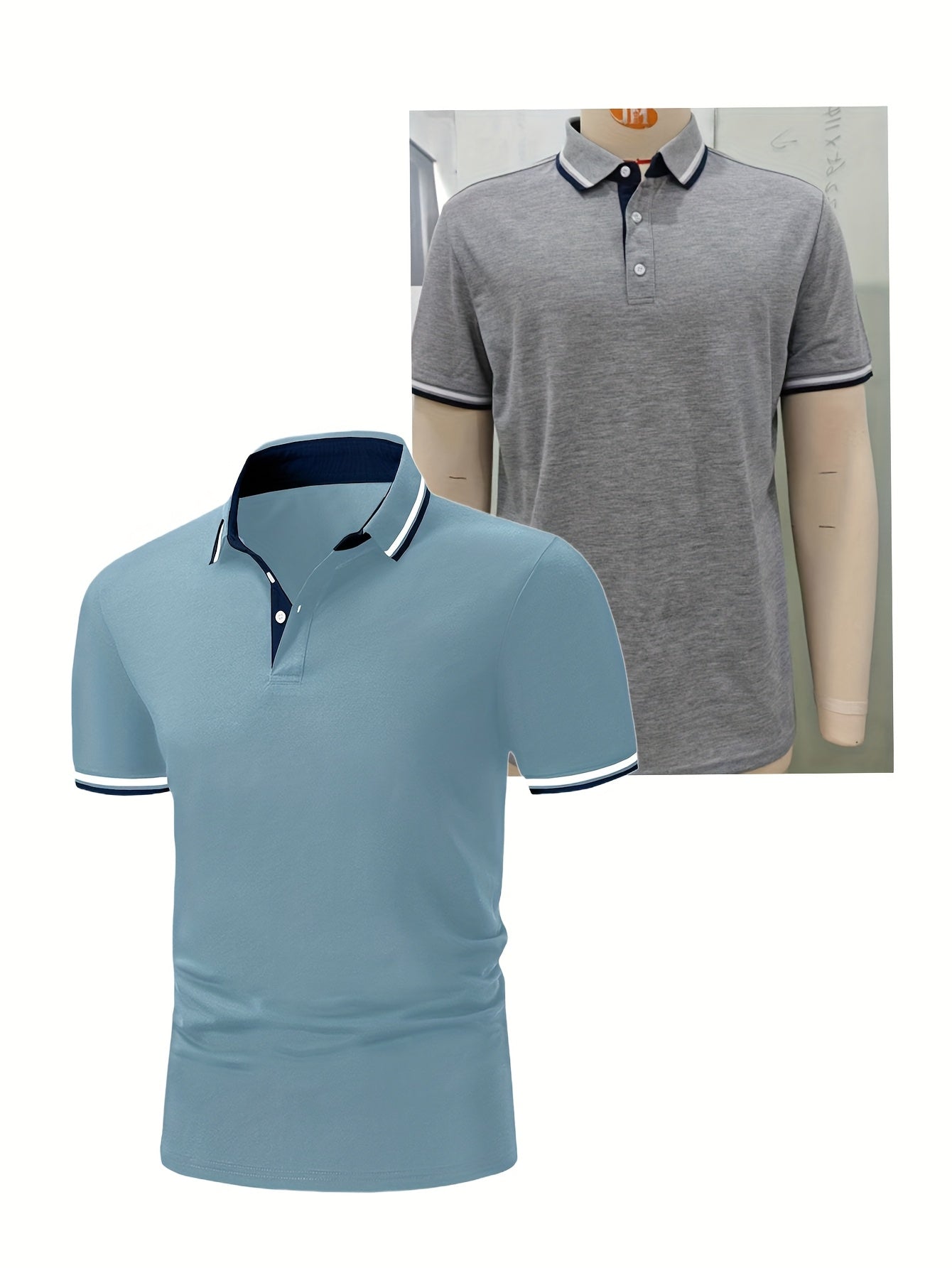 2pcs Men's Short-Sleeve Shirts with Contrast Collars - Lightweight Polyester, Pastel Blue & Pink, Turn- Collar, Button Closure, Regular Fit, Casual & Business-Casual Wear, Ideal for Summer or Gifting, Short Sleeve Tops