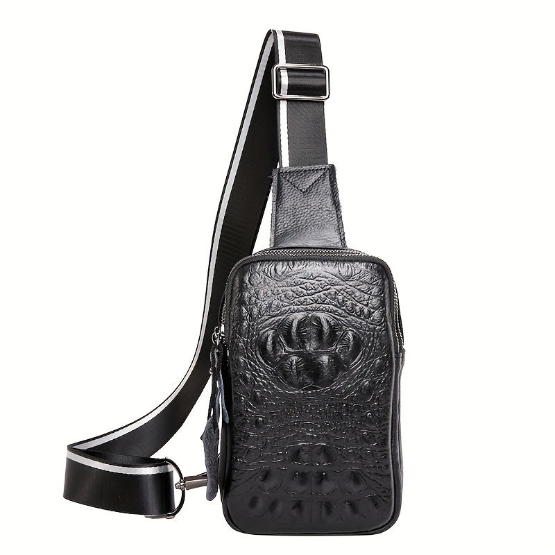 Men's Genuine Leather Crossbody Bag with Crocodile Pattern - Stylish Black Chest Bag for Casual Outings, Paw Print Design, Adjustable Strap, Perfect for Commuting or Travel, Small Crossbody Bag