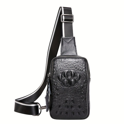 Men's Genuine Leather Crossbody Bag with Crocodile Pattern - Stylish Black Chest Bag for Casual Outings, Paw Print Design, Adjustable Strap, Perfect for Commuting or Travel, Small Crossbody Bag