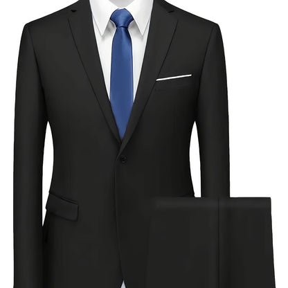 Men's Two-Piece Suit in Solid Color with Sealed Pockets, Regular Fit Suit Pants, Elegant and Classic, Suitable for Business and Wedding Parties