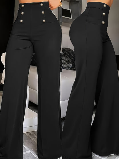 Women'S Elegant High-Waist Wide Leg Pants - Black Polyester Straight Leg with Button Detail, All-Season Fashionable Trousers for Casual or Dressy Wear