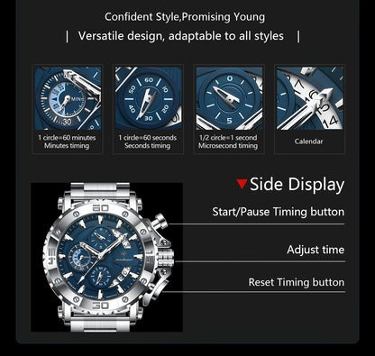 POEDAGAR Men'S Luxury Stainless Steel Business Watch with Date Display, 3ATM Blue Dial, Rotating Bezel, Alloy Case, Quartz Movement - Elegant Formal Accessory, Formal Accessory|Luxurious Watch|Quartz Movement Watch