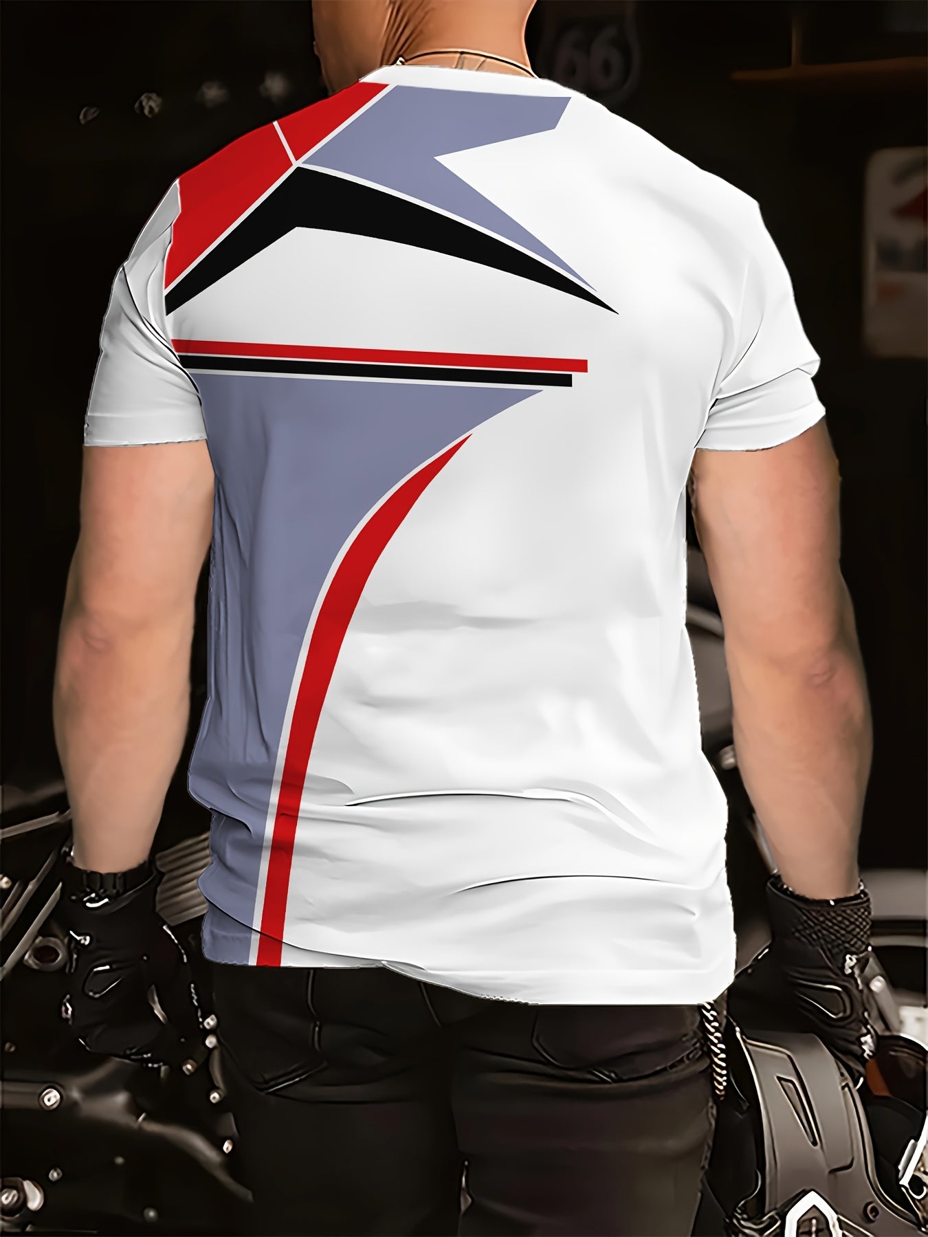 Men's Black 3D Geometric Print T-Shirt – Casual Short Sleeve Summer Tee with Red & Gray Accents, Round Neck, Machine Washable for Outdoor Sports, Everyday Comfort, Durable Fabric