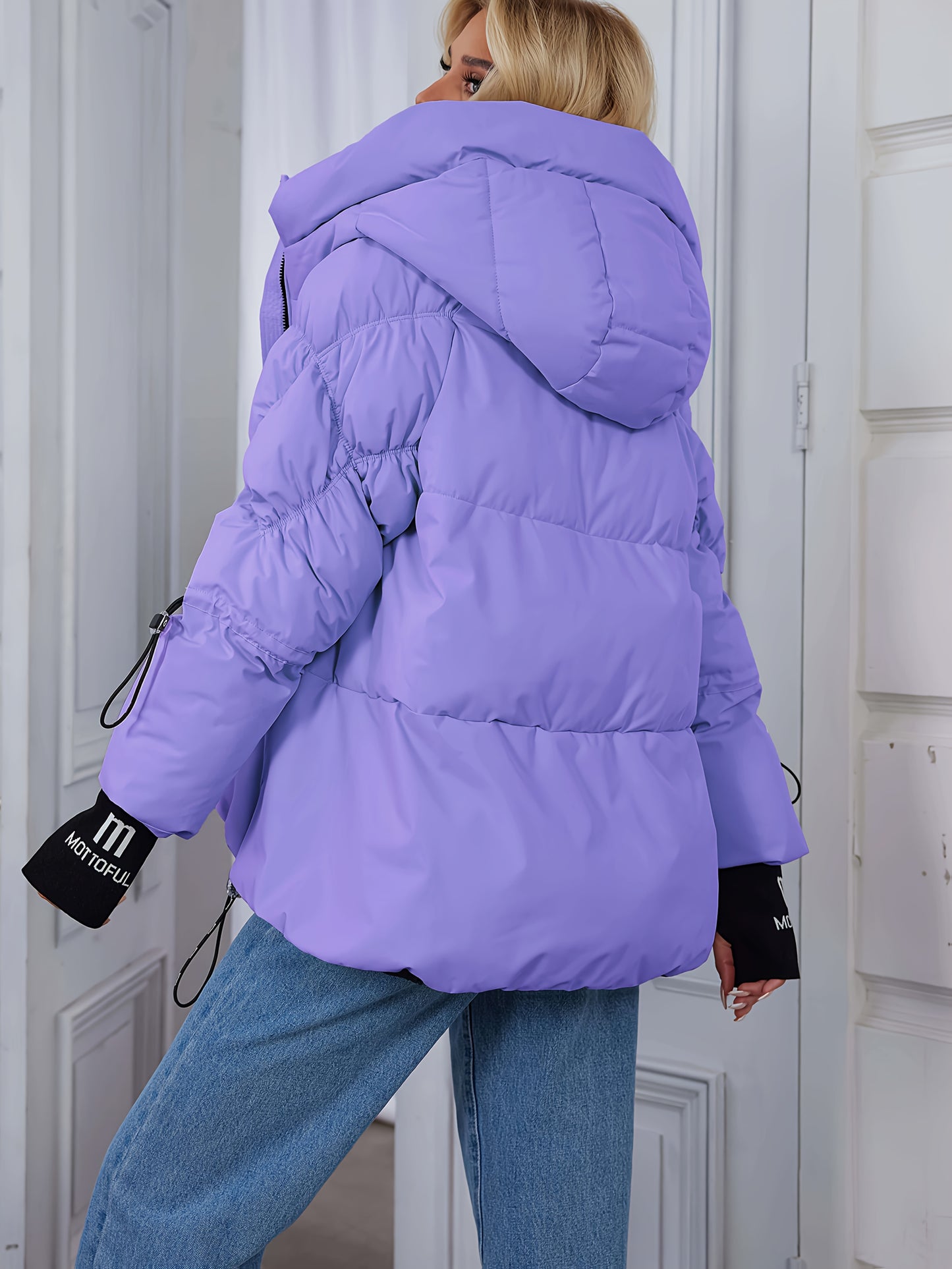 Women's Stylish Beige Puffer Jacket - Casual Warm Winter Coat with Black Trim, Long Sleeves & Zippered Hood, Polyester Fabric for Outdoor Comfort