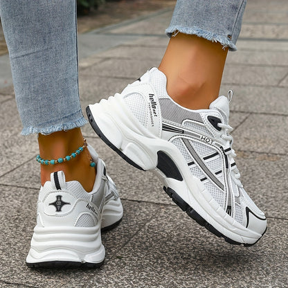Women's Minimalist Black and White Thick-Sole Lace-Up Sneakers with Breathable Mesh Material, Comfortable for Daily Wear and Light Exercise