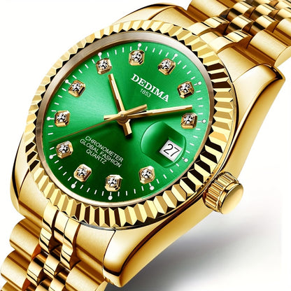 DEDIMA Elegant Stainless Steel Band Calendar Watch, Quartz Movement, Round Dial with Rhinestones, Battery-Powered, Non-Rechargeable Button Battery, Regular Cleaning, for Men, Women, Students, Christmas, Valentine'S Day, Thank
