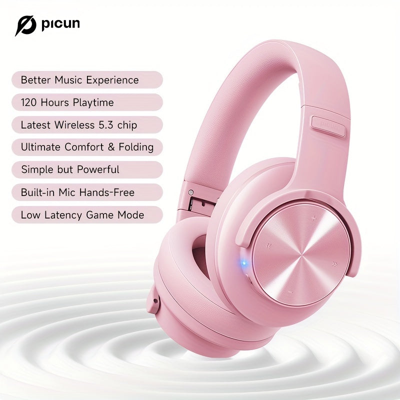 Picun B8 Wireless Gaming Headphones with 120H Playtime, 3 EQ Customization & Game Mode, Noise Isolation, Foldable Over-Ear Design, Wireless, USB-C Charging, Built-in Mic for PC/Laptop/Phone/Travel (Black), Wireless Gaming Hea