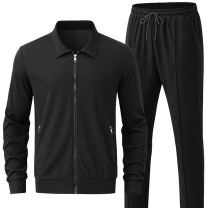 Men's Solid Waffle 2pcs Athletic Outfits, Zip-up Jacket & Pants co ord set for Outdoor Sports