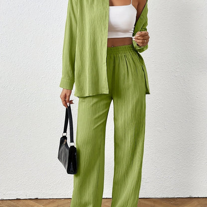 2pcs Women Spring & Autumn Casual Solid Color Long Sleeve Shirt And Pants Set