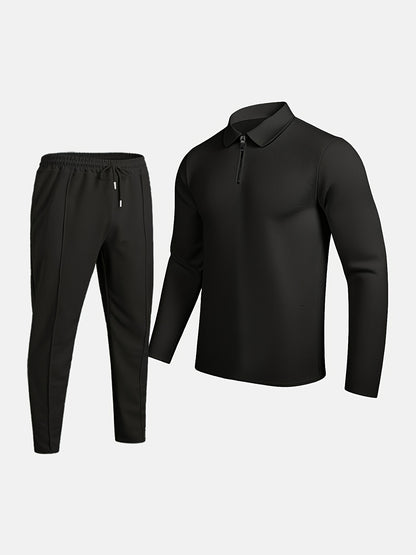 Summer Men's Casual Suit Solid Color Long Sleeve Top Long Pants Half Zipper Lapel Men's Suit Lightweight Breathable Street Casual Peplum Suit