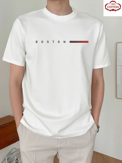 Men's Heavyweight 180gsm Cotton T-Shirt - Dark Gray Crew Neck Tee with Bold "Boston" Print, All-Season Everyday & Formal Shirt for Men - Machine Washable Luxury Casual Top, Versatile Clothing, Modern Design, Premium Fabric, S
