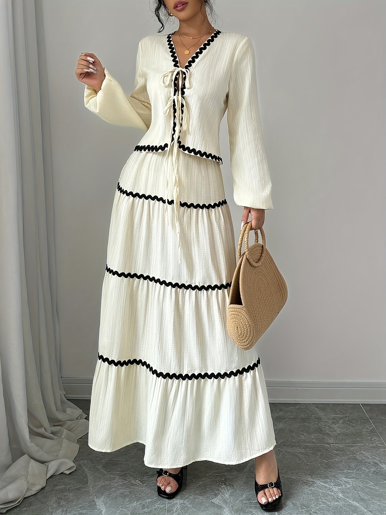 Spring-Summer Temperament Fashion Black Trim V-Neck Two-Piece Set with Tie Strap Long Sleeve Top and Skirt for Women