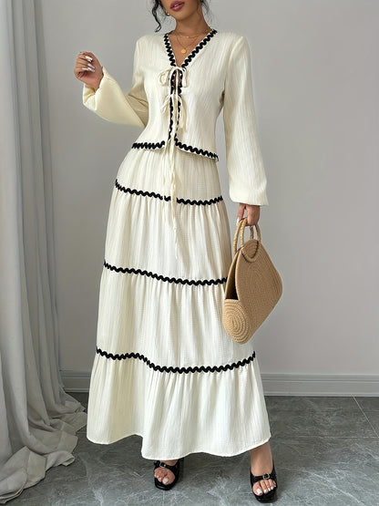 Spring-Summer Temperament Fashion Black Trim V-Neck Two-Piece Set with Tie Strap Long Sleeve Top and Skirt for Women