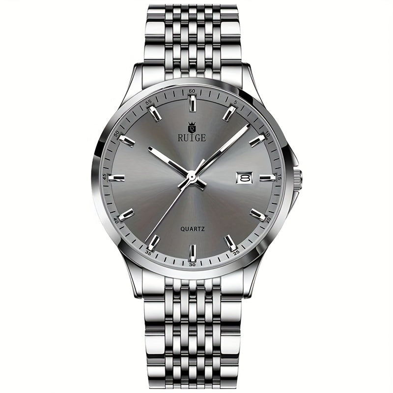 RUIGE Men's Sleek Quartz Watch - Stainless Steel Band, Simple Design with Date Display & Night Light Feature, Casual Wristwatch for Casual Attire