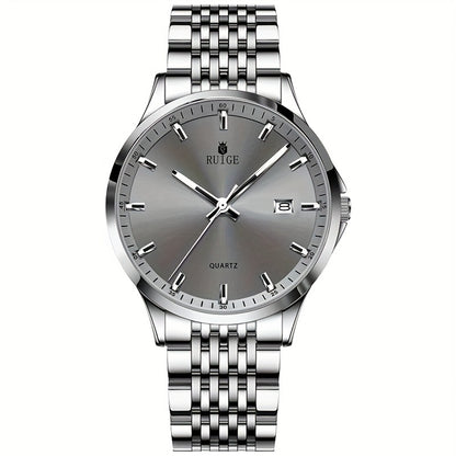 RUIGE Men's Sleek Quartz Watch - Stainless Steel Band, Simple Design with Date Display & Night Light Feature, Casual Wristwatch for Casual Attire