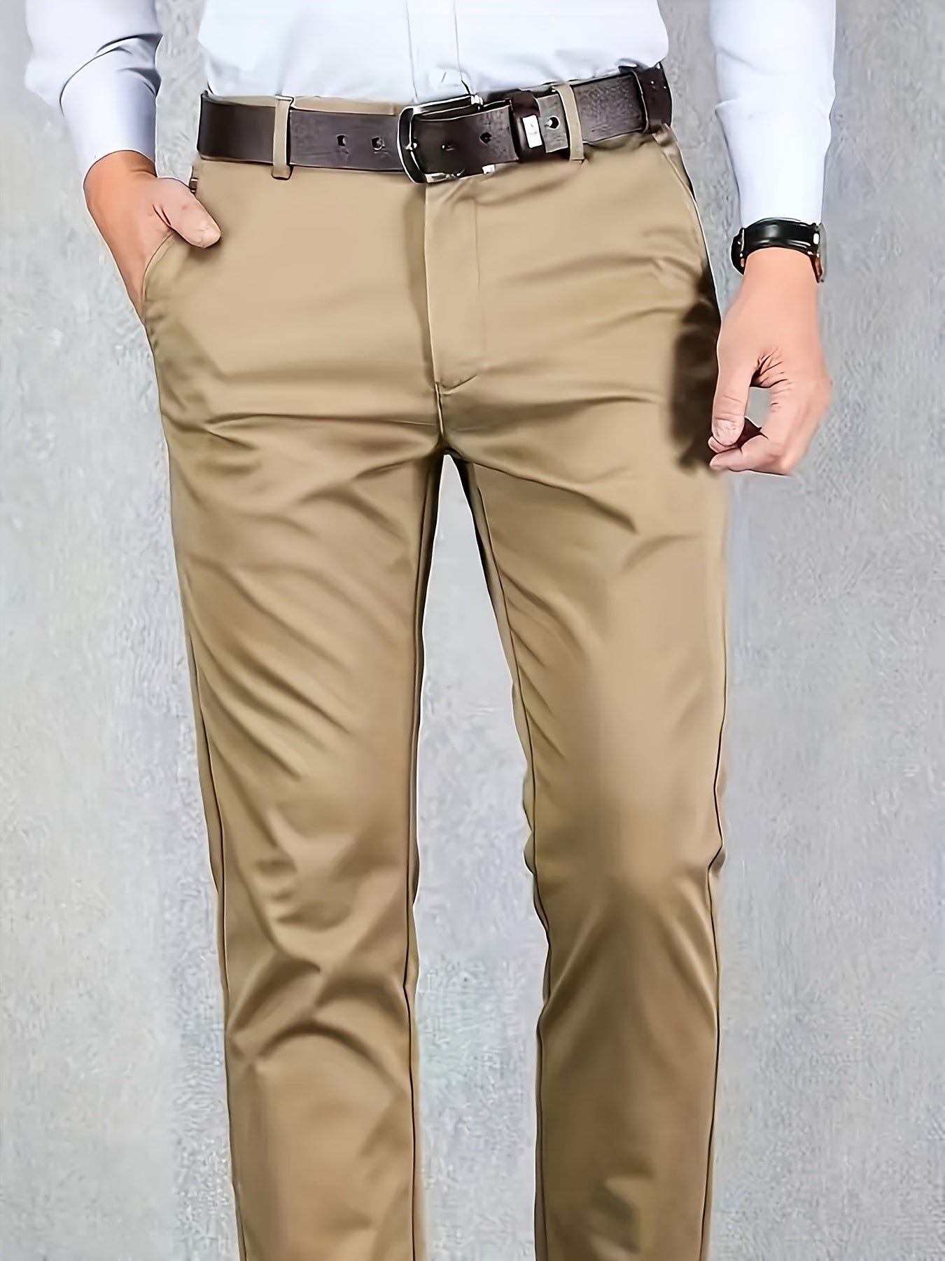 [Durable Build] Men's All-Season Casual Dress Pants - Business Style Stretch Trousers, Comfortable Classic Design, Light Brown Polyester Blend, Machine Washable, Smooth Finish, Regular Fit for Office or Leisure Wear